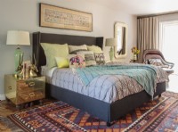 The bedroomâ€™s dÃ©corâ€”which includes items culled from Modern Manor, as well as estate sale and Craigslist, trends toward cheerful tones. 