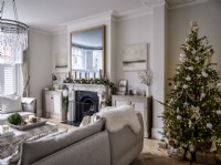 Neutral living room decorated for Christmas