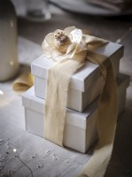 Christmas gift box place setting with ribbon and dried flower